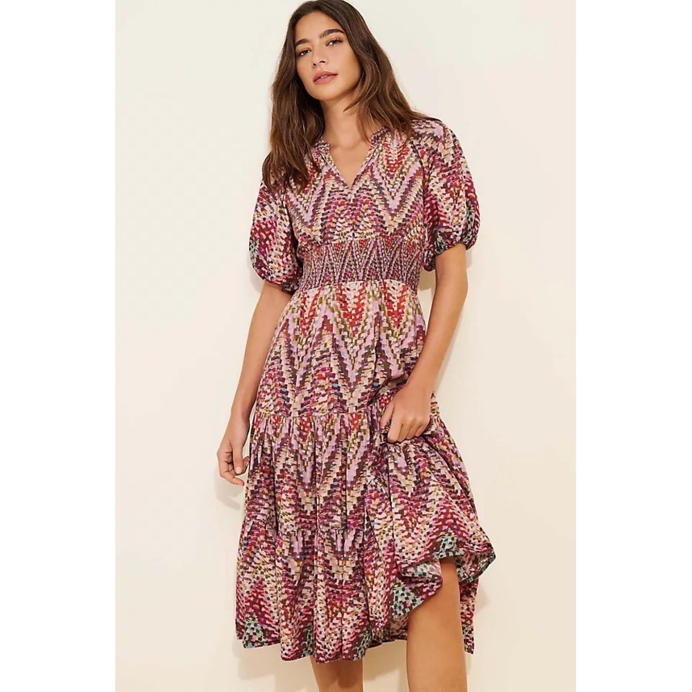 Anthropologie Conditions Apply Midi Dress US 2 Puff Sleeve Smocked Boho Tiered